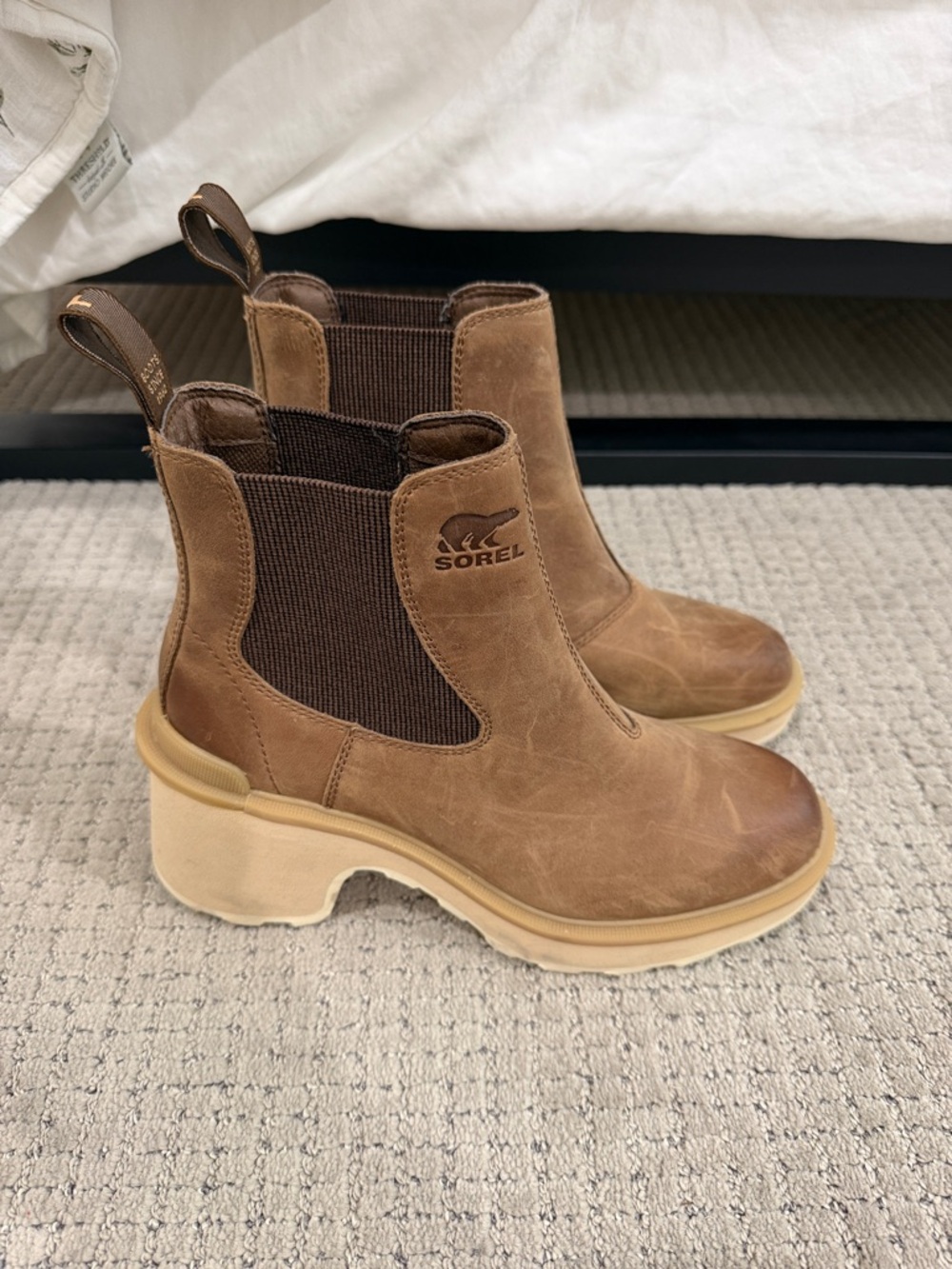 SOREL Brown Leather Chelsea Platform Ankle Boots